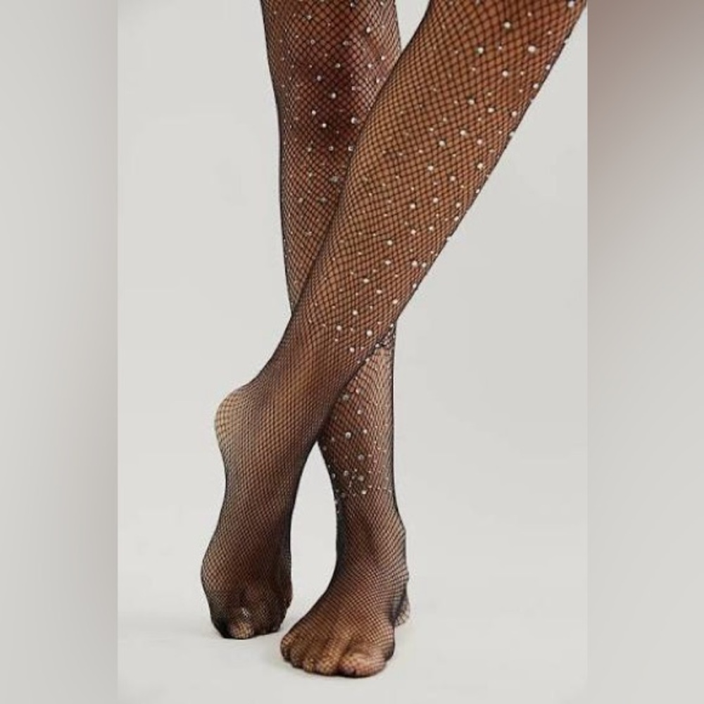 Free People Black Fishnet Tights with Sparkling Accents